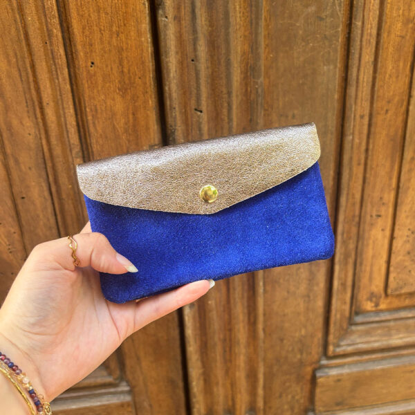 Grand porte monnaie cuir pailleté daim bleu electrique