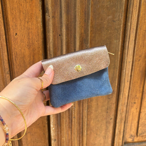 Petit porte monnaie cuir pailleté daim bleu marine