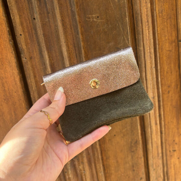 Petit porte monnaie cuir pailleté daim kaki