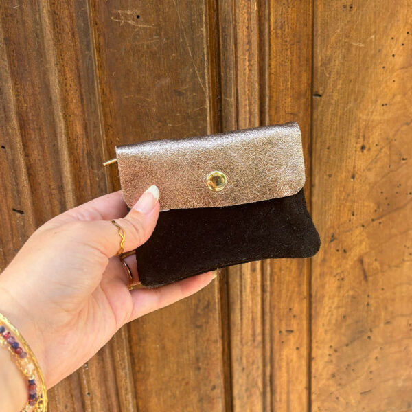 Petit porte monnaie cuir pailleté daim noir