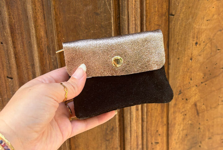 Petit porte monnaie cuir pailleté daim noir