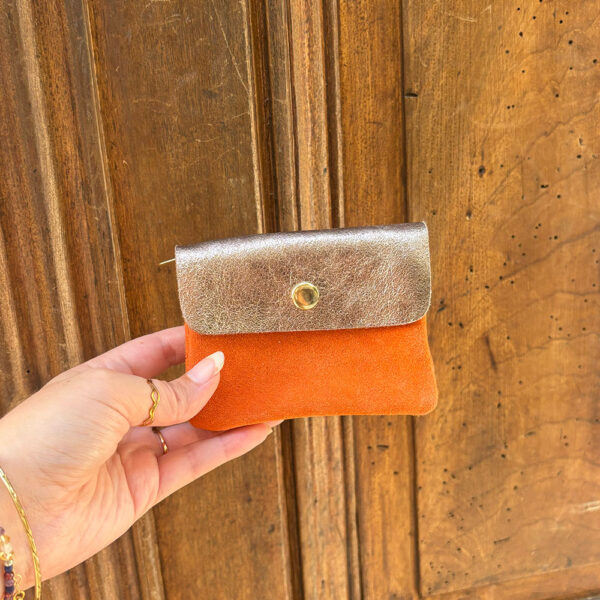 Petit porte monnaie cuir pailleté daim orange