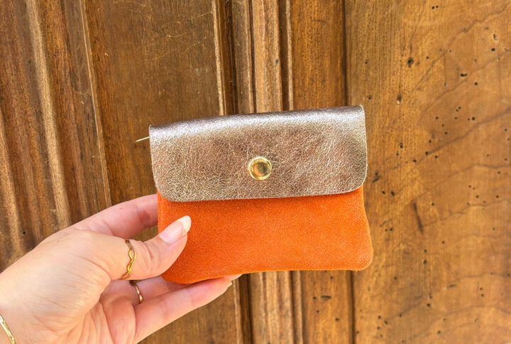 Petit porte monnaie cuir pailleté daim orange