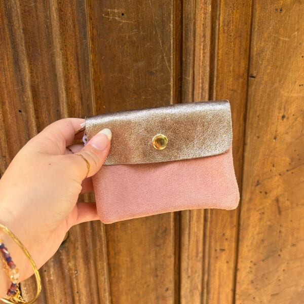 Petit porte monnaie cuir pailleté daim rose