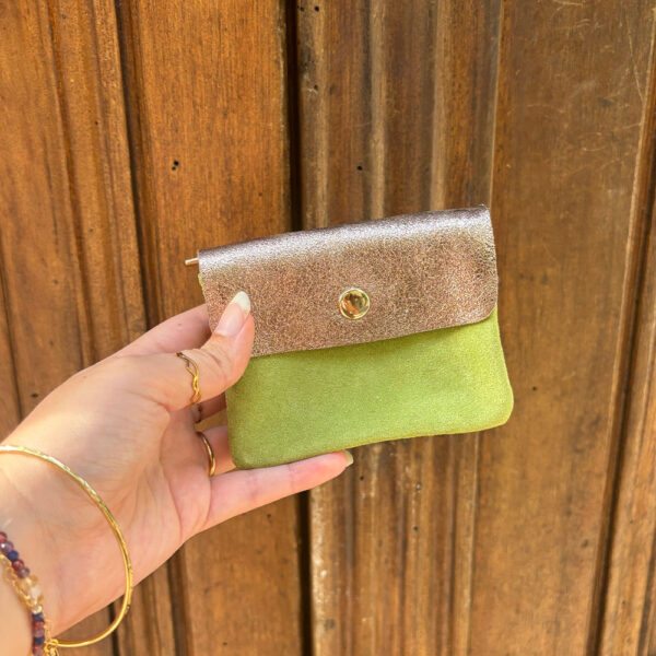 Petit porte monnaie cuir pailleté daim vert clair