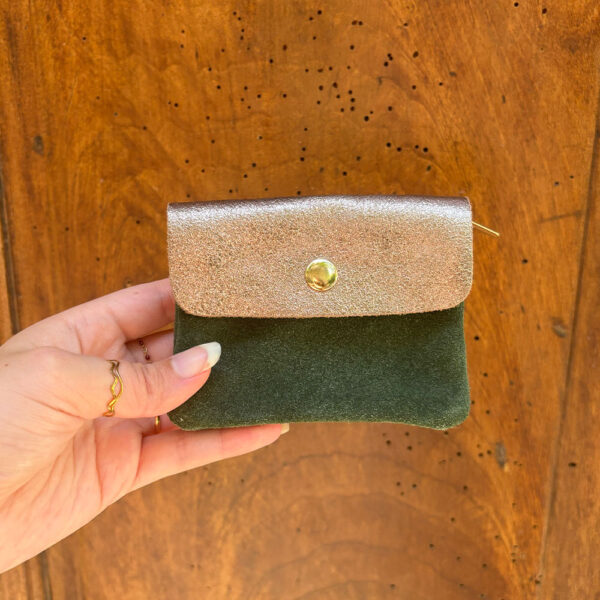 Petit porte monnaie cuir pailleté daim vert foncé