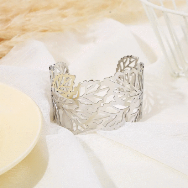 Jonc Feuilles en acier inoxydable ajouré, bracelet doré ou argenté