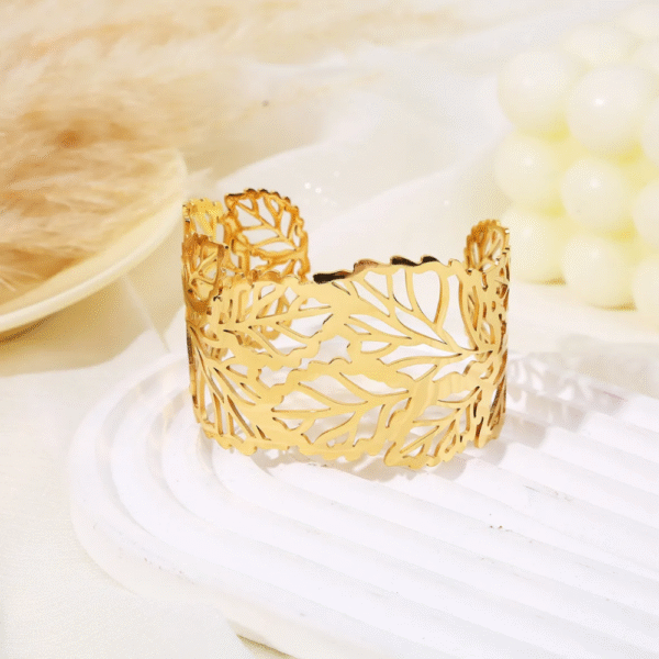 Jonc Feuilles en acier inoxydable ajouré, bracelet doré ou argenté