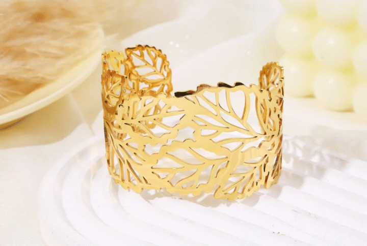 Jonc Feuilles en acier inoxydable ajouré, bracelet doré ou argenté