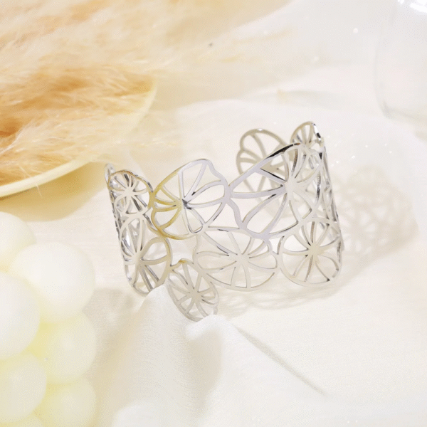 Jonc Nénuphar en acier inoxydable ajouré, bracelet floral doré ou argenté