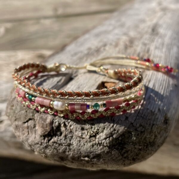 bracelet manchette quartz rose multi rangs perles eau douce argent 925 plaque or ajustable