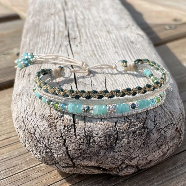 bracelet manchette amazonite multi rangs perles cristal argent 925 ajustable