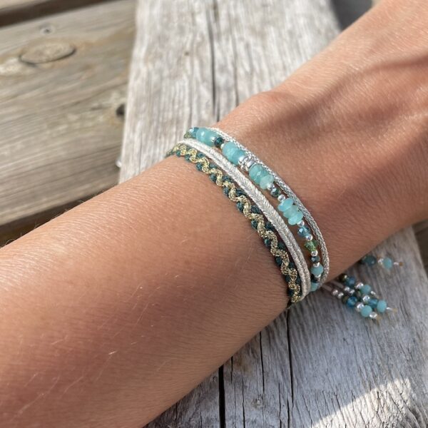 bracelet manchette amazonite multi rangs perles cristal argent 925 ajustable