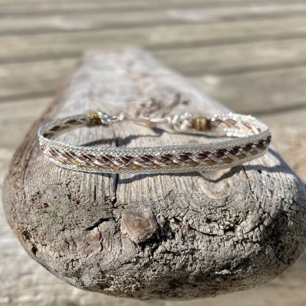 bracelet tissé artisanal soie beige chocolat rose pale argent ajustable perles argent 925