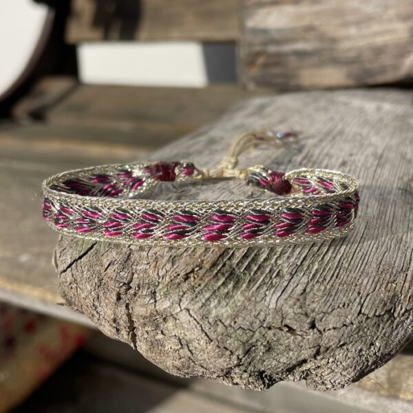 bracelet tissé artisanal soie rose gris or argent ajustable perles argent 925 or