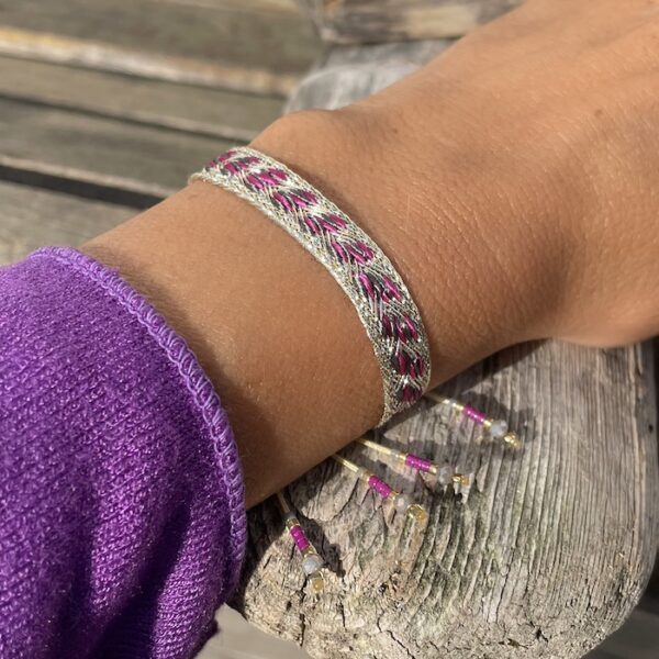 bracelet tissé artisanal soie rose gris or argent ajustable perles argent 925 or