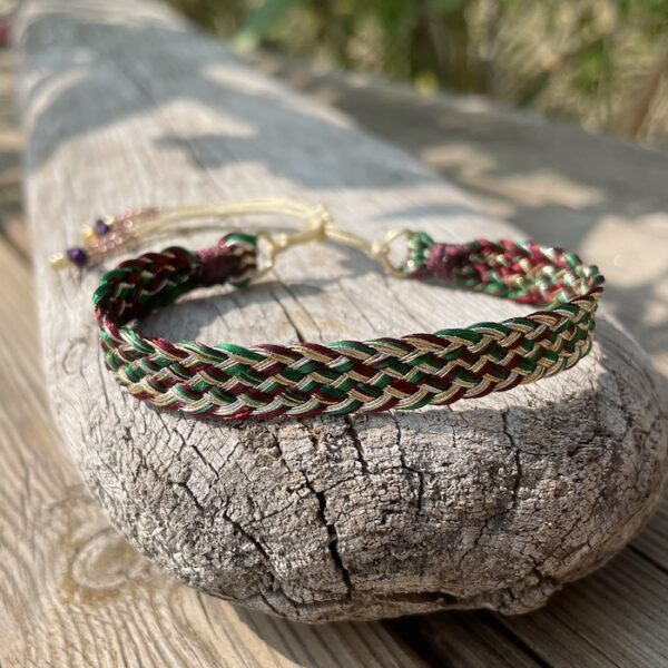 bracelet tissé artisanal soie grenat vert or argent ajustable perles argent 925 or