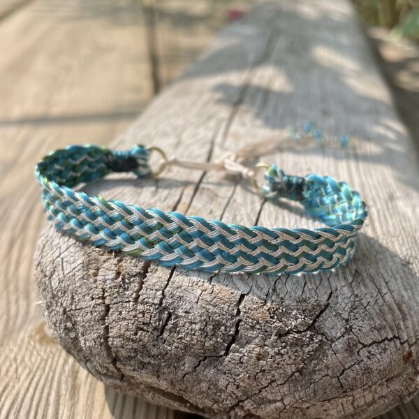 bracelet tissé artisanal soie turquoise argent ajustable avec perles argent 925 cristal